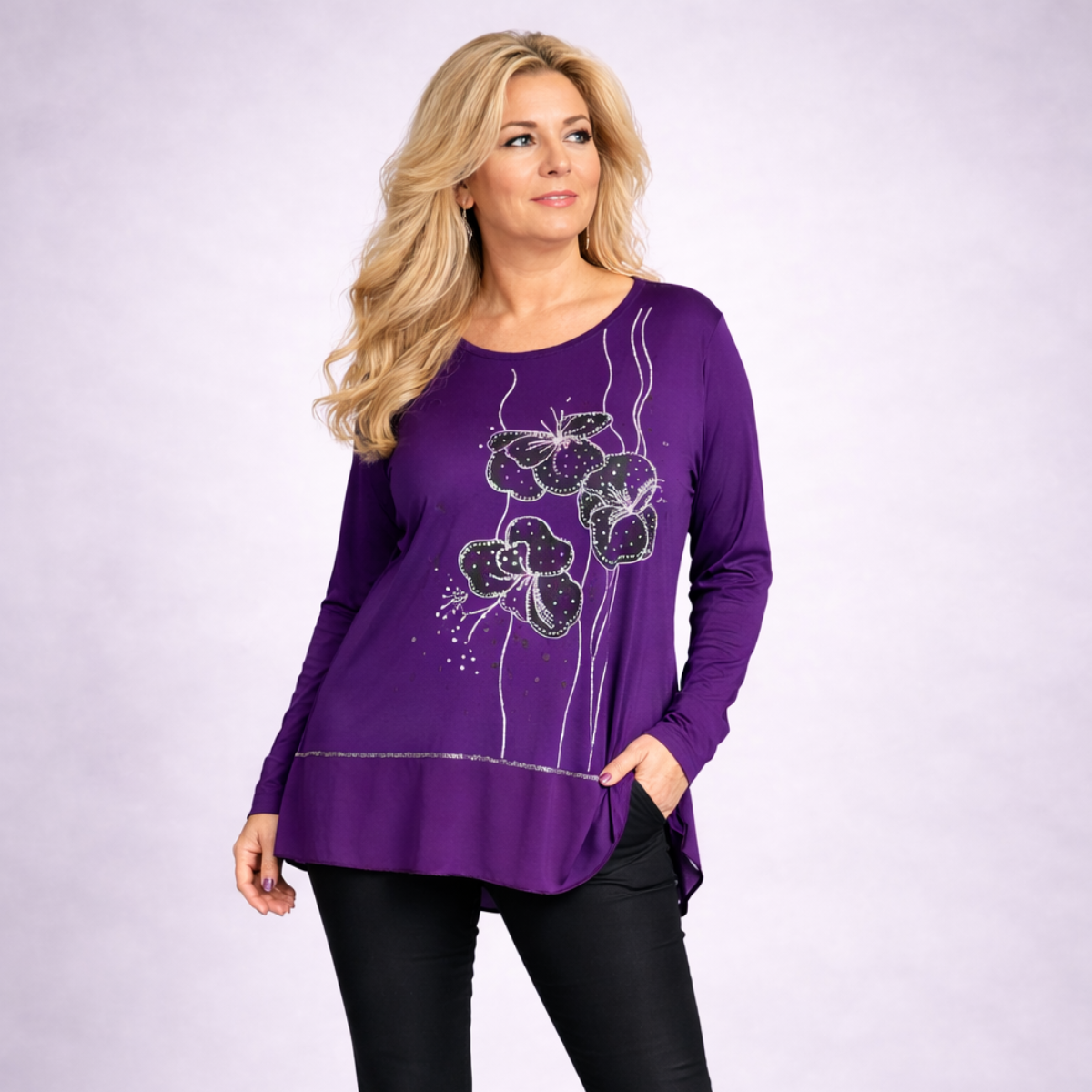 Chiffon Hanky Hem Top with Sparkly Studded Flowers