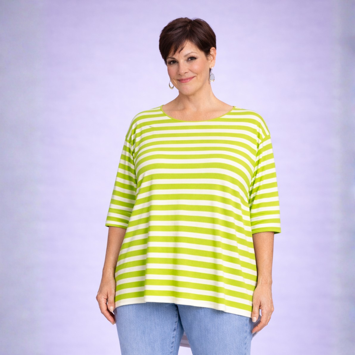 Fine Knitted Striped Top with Dipped Hem