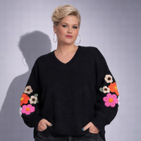 Black V-Neck Jumper with 3D Flower