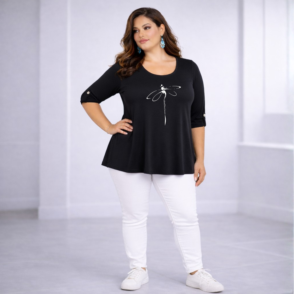 Dragonfly Button Sleeve Swing Top