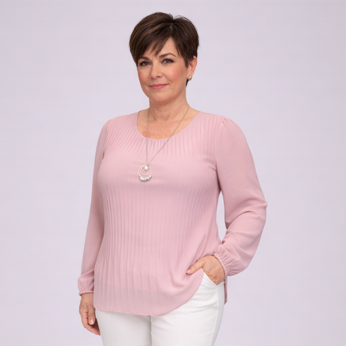 Pink Pleated Blouse with Necklace