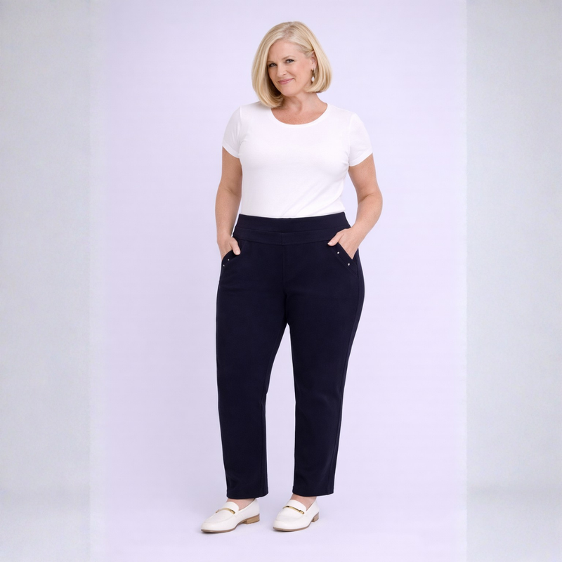 Plain Navy Blue Stretchy Trousers with Studded Pockets