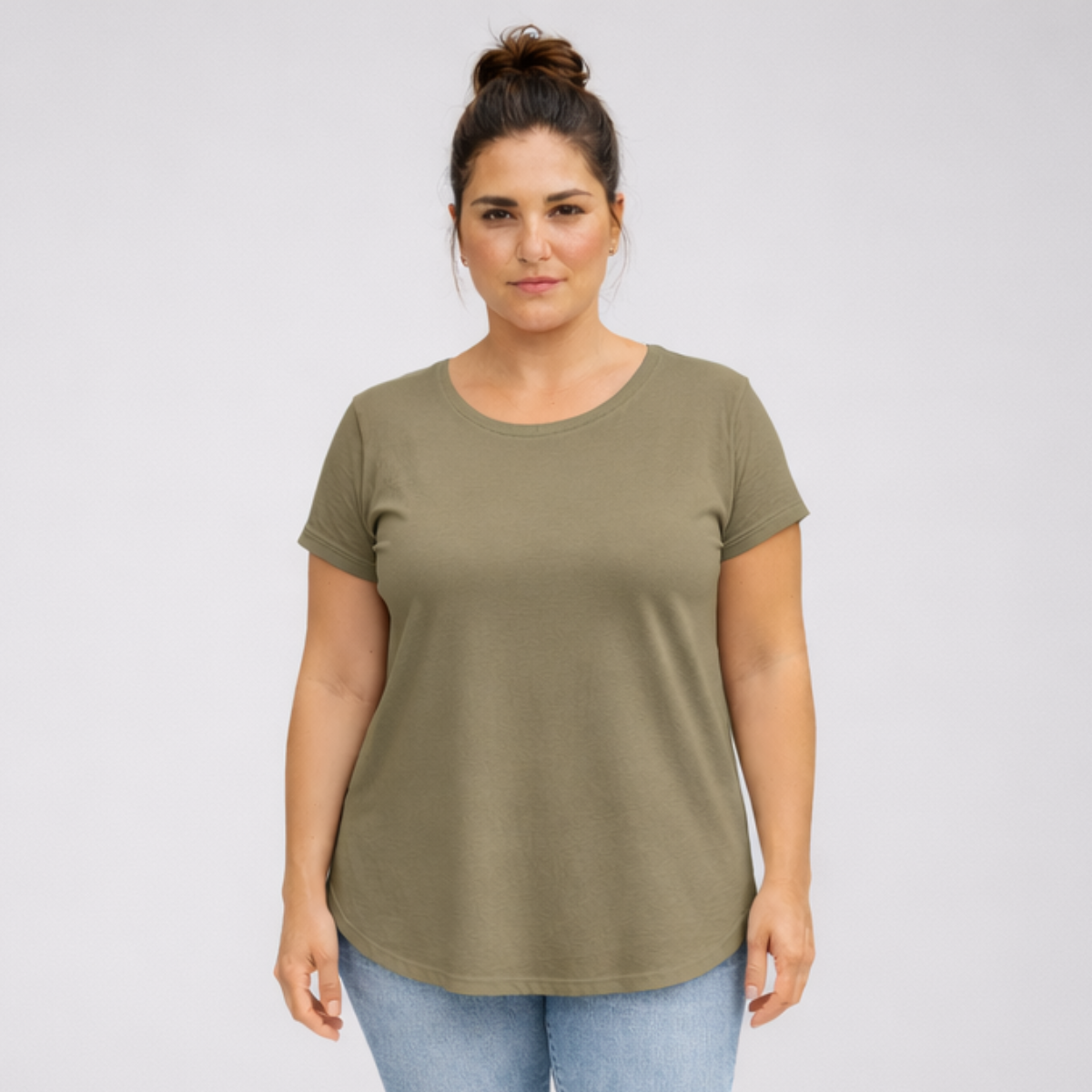 Plain Dipped Hem T-shirt with Roll Cap Sleeves