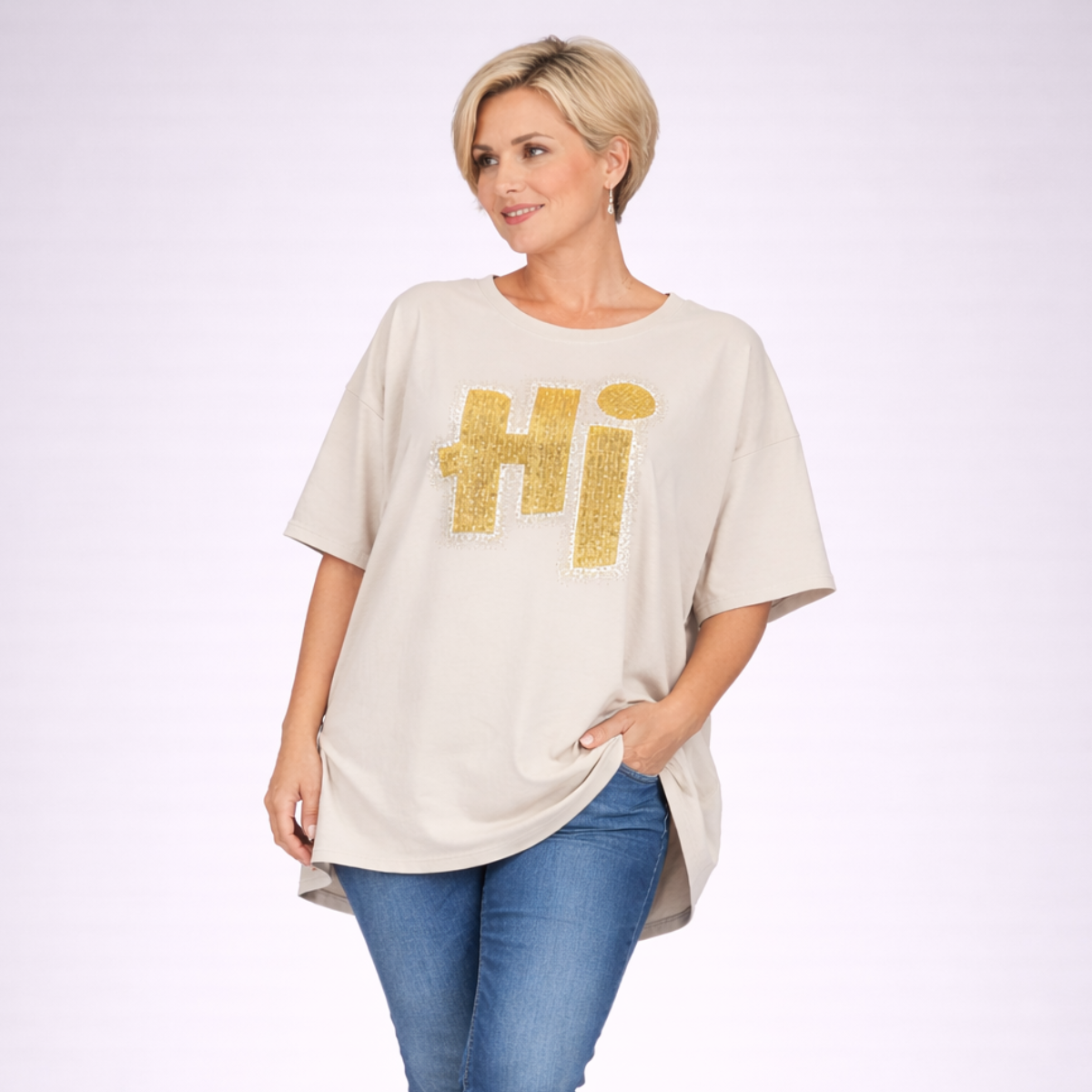 Oversized Dipped Hem Beaded Hi Short Sleeve Sweatshirt