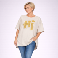 Oversized Dipped Hem Beaded Hi Short Sleeve Sweatshirt