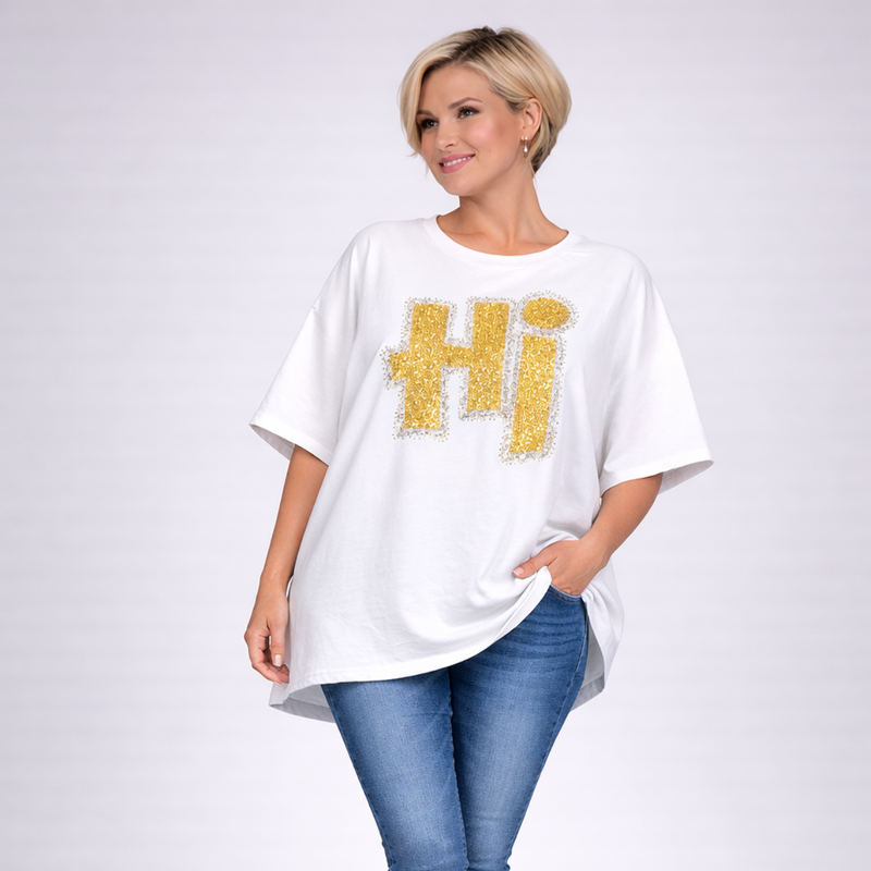 Oversized Dipped Hem Beaded Hi Short Sleeve Sweatshirt