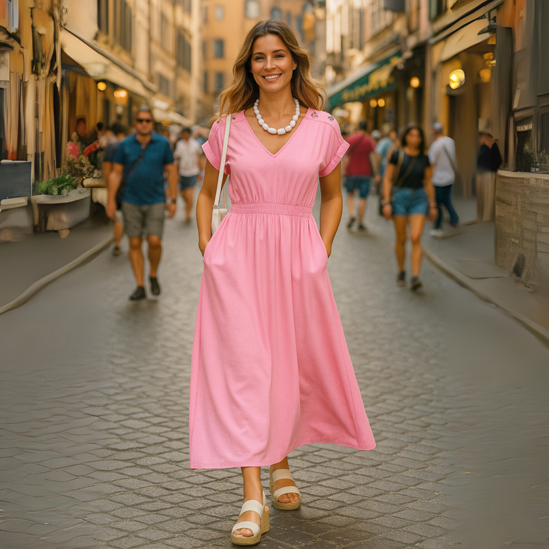 V Neck Elastic Waist Pocket Maxi Dress