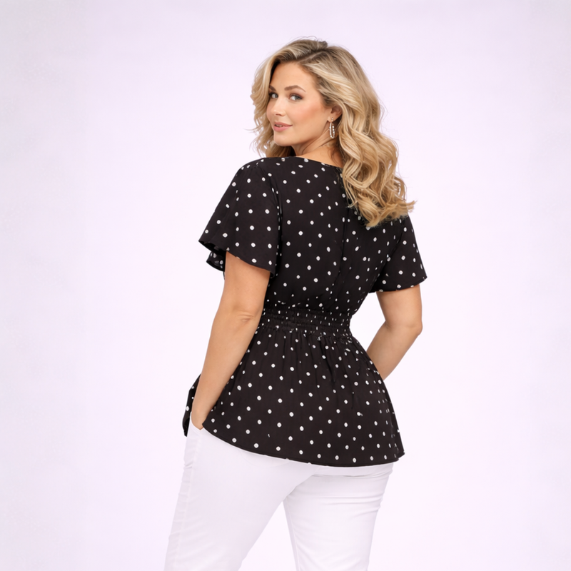 Polka Dot V-Neck Smocked Elastic Waist Peplum Blouse