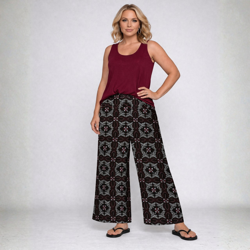 Black Tile Print Elastic Waist Palazzo Trousers