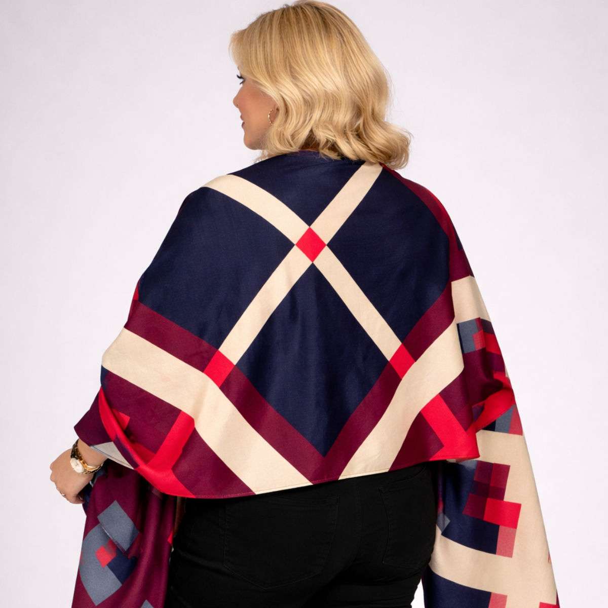 Soft Luxury Feel Beige Magenta Geometric Scarf