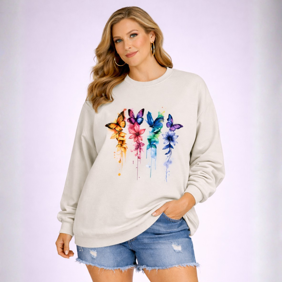 Oversized Cotton Sweatshirt with Butterfly + Flower Print