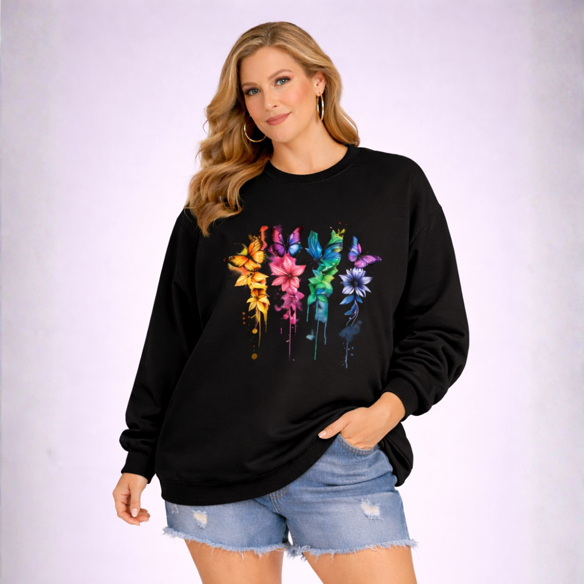 Oversized Cotton Sweatshirt with Butterfly + Flower Print