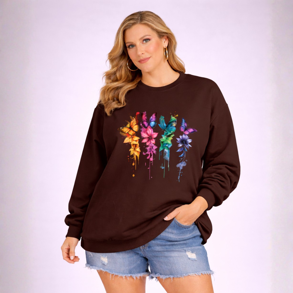 Oversized Cotton Sweatshirt with Butterfly + Flower Print