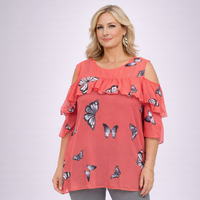 Open Shoulder Chiffon Blouse with Butterfly Print
