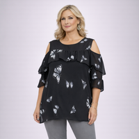Open Shoulder Chiffon Blouse with Butterfly Print
