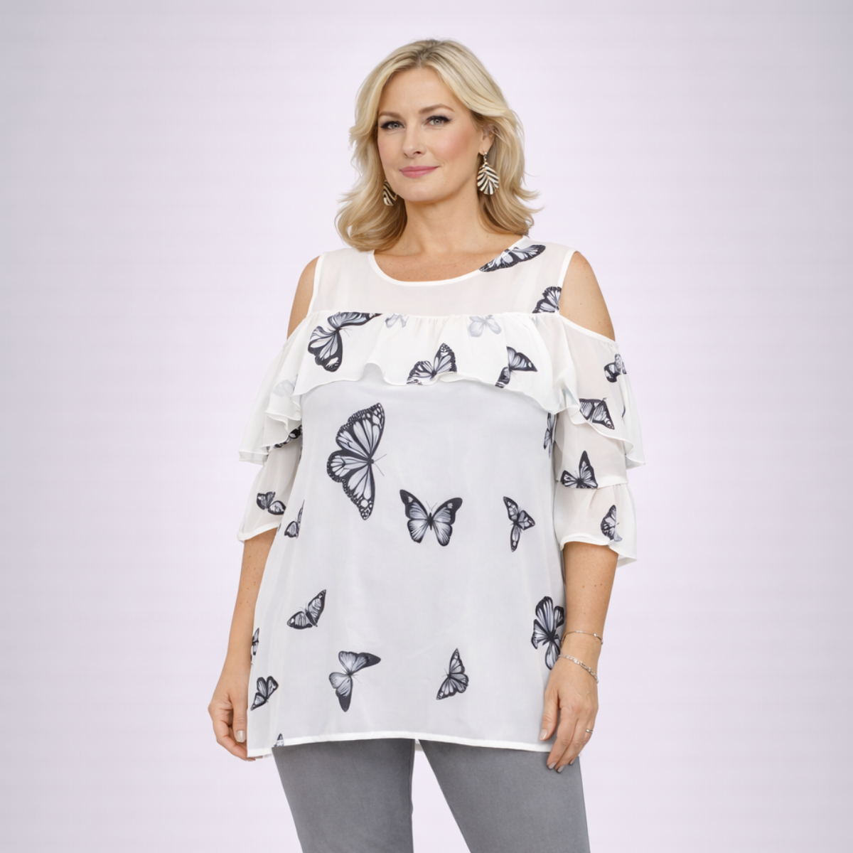Open Shoulder Chiffon Blouse with Butterfly Print
