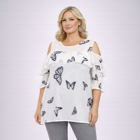 Open Shoulder Chiffon Blouse with Butterfly Print