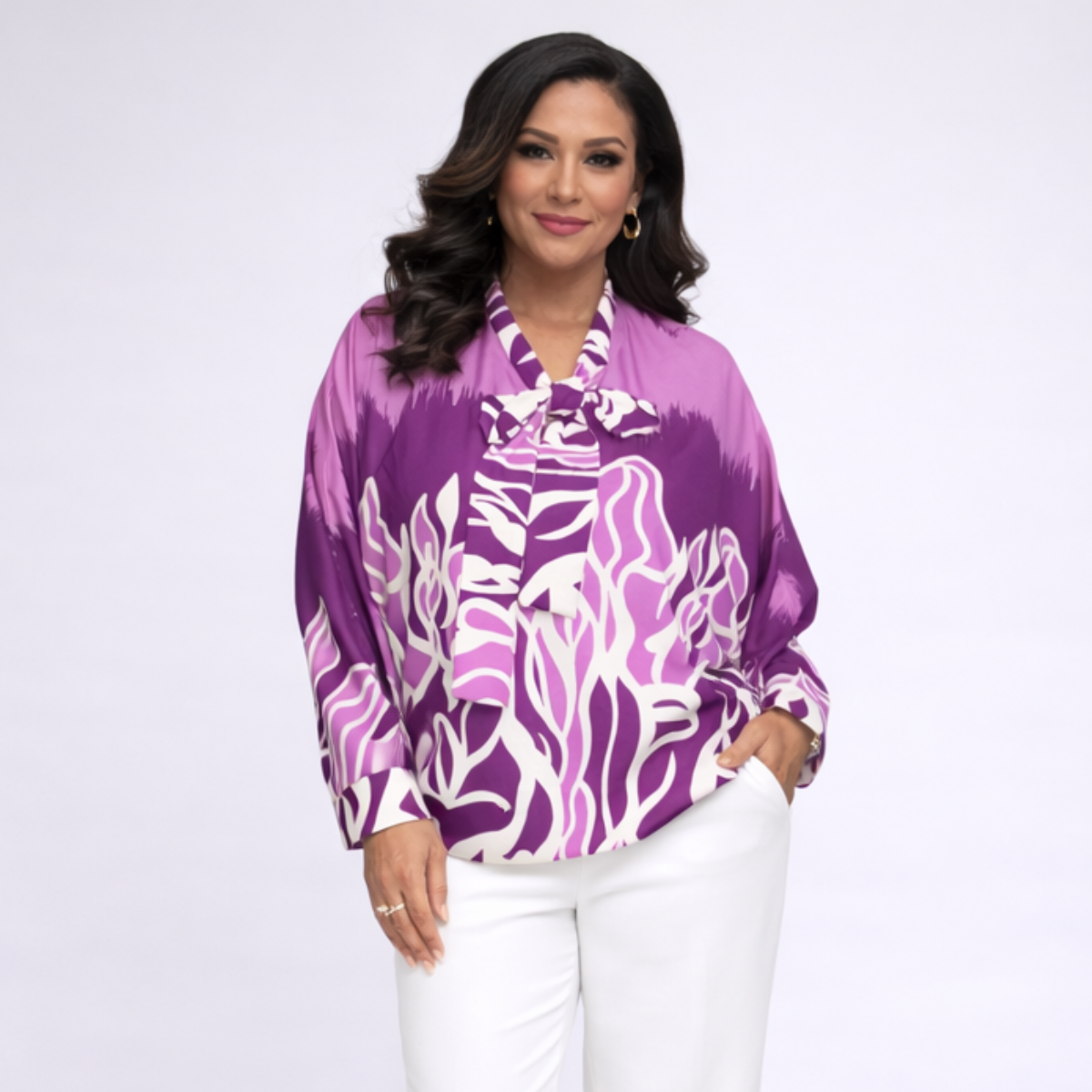 Flame Print Long Length Blouse with Neck Tie