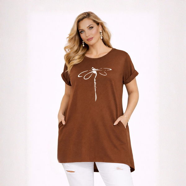 Dragonfly Long Dipped Hem T-Shirt with Pockets