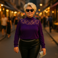 Polo Neck Lace Neckline Long Sleeve Top