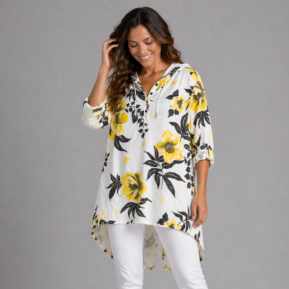 Floral Leaves Dipped Hem Hoodie
