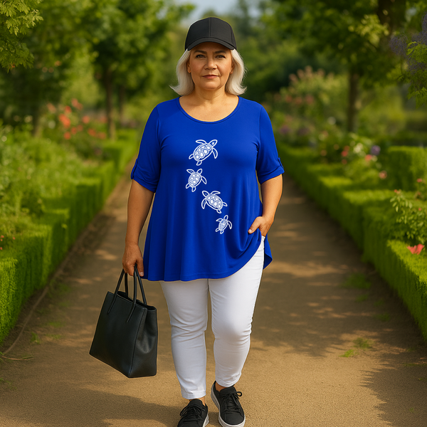 3/4 Turtle Print Button Sleeve Sleeve Swing Top