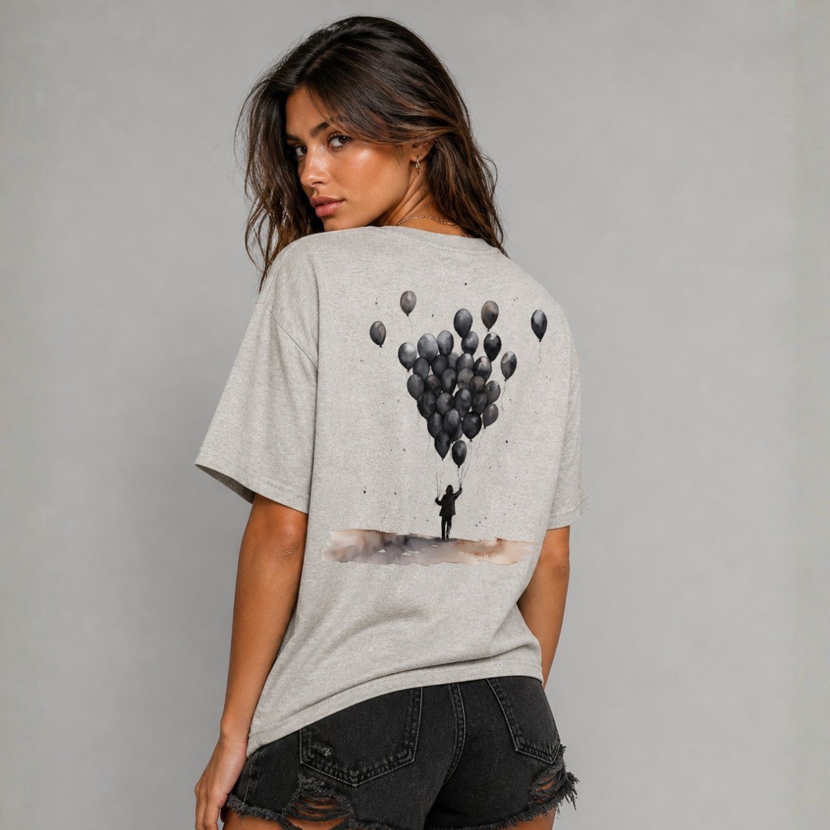 Long T-shirt with Black Balloon Print