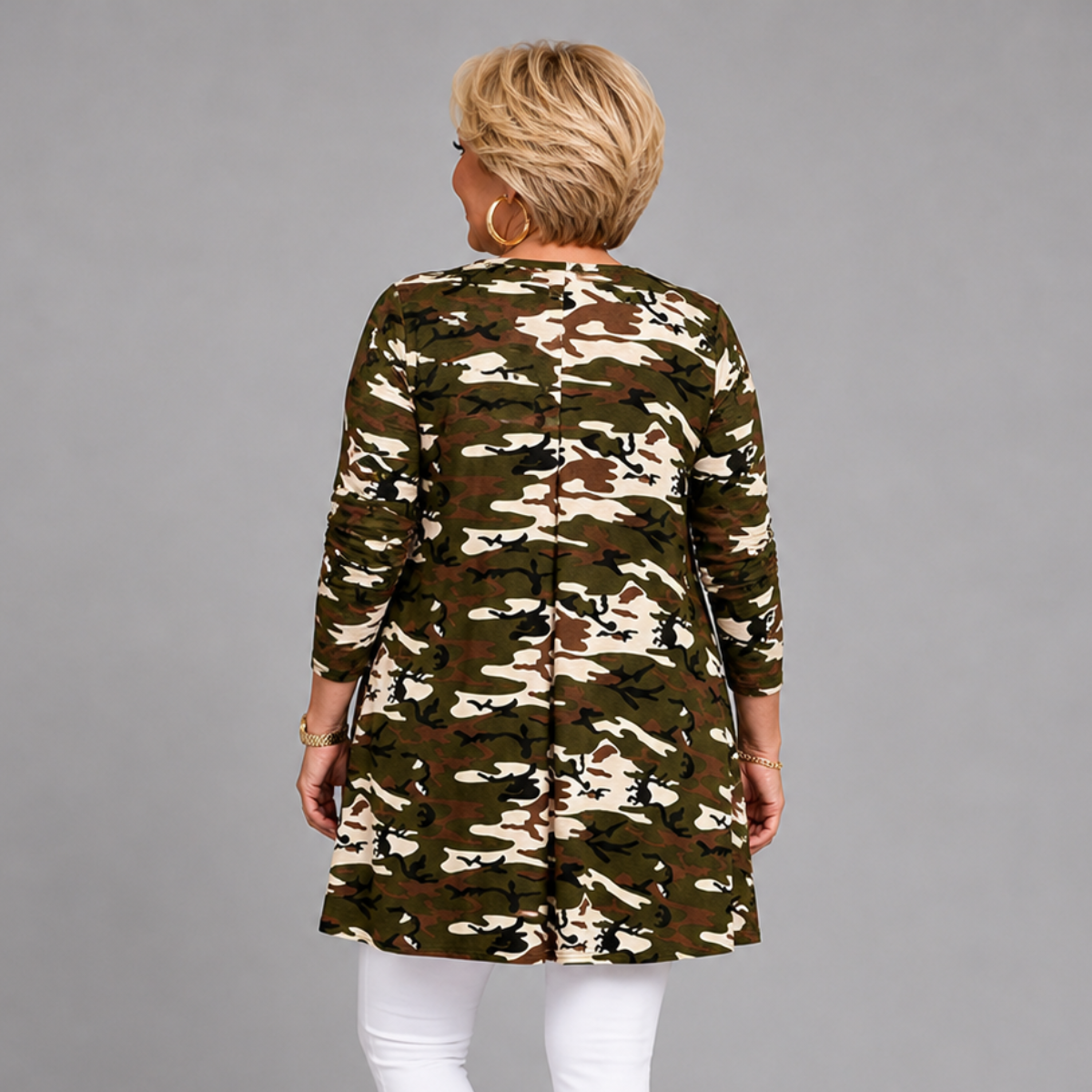 Green Camo Print 3/4 Sleeve Swing Top