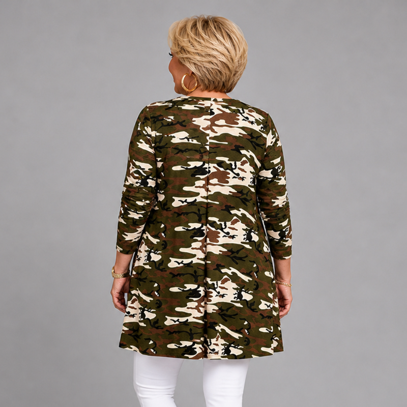 Green Camo Print 3/4 Sleeve Swing Top