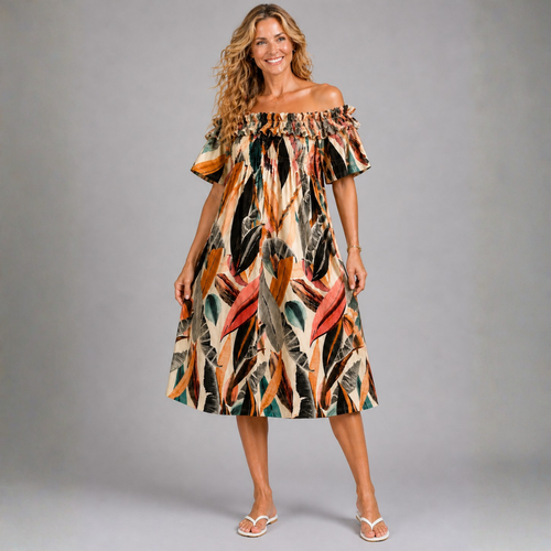 Abstract Print dress with ruffled bardot neckline