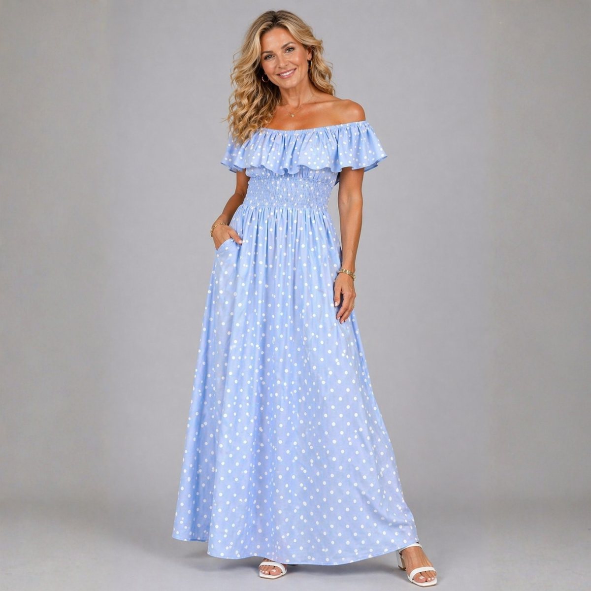 Polka dot frilled Bardot maxi dress
