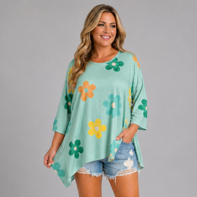 Ribbed Large Flower Hanky Hem Long Sleeve Top