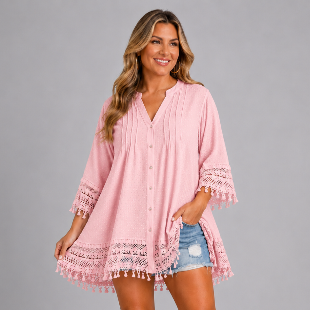Loose-Fit Blouse with Crochet Hem & Sleeves