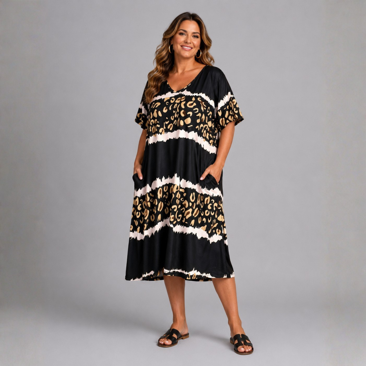 Leopard Panel V-Neck Swing Dress with Pockets