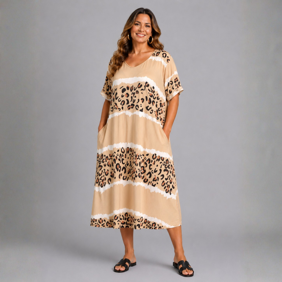Leopard Panel V-Neck Swing Dress with Pockets
