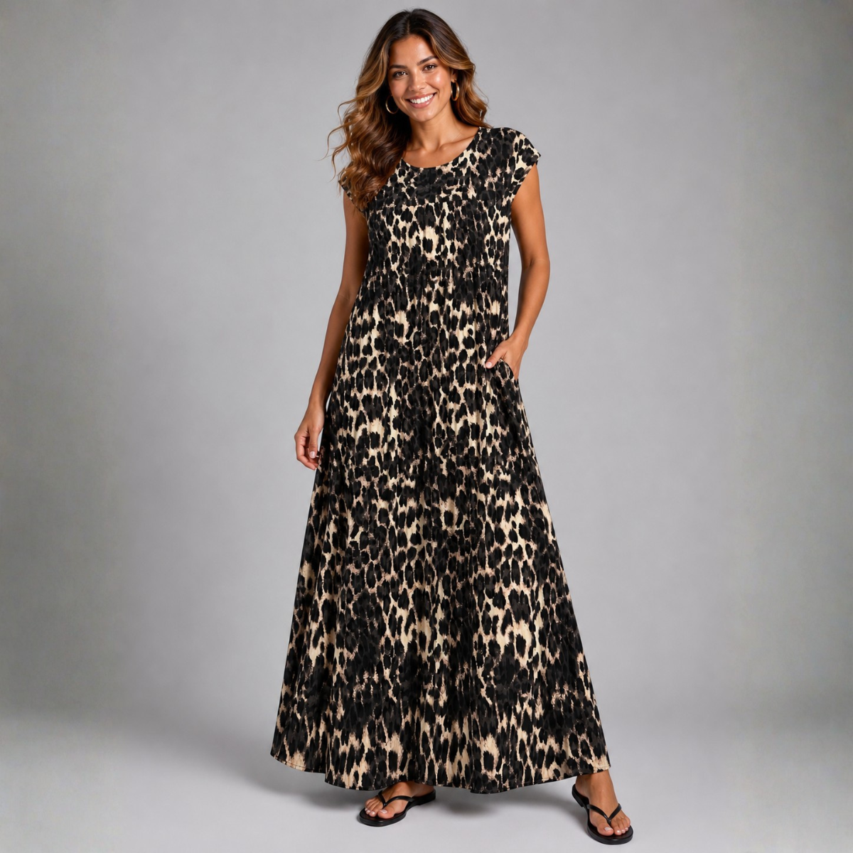 Pleated Leopard Print Maxi Dress