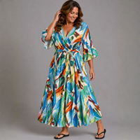 Tropical Print V-Neck Dress with Belt Tie