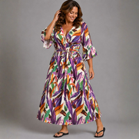 Tropical Print V-Neck Dress with Belt Tie