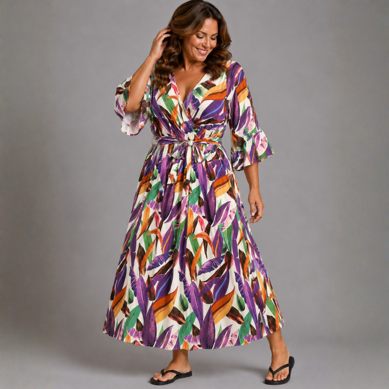 Tropical Print V-Neck Dress with Belt Tie