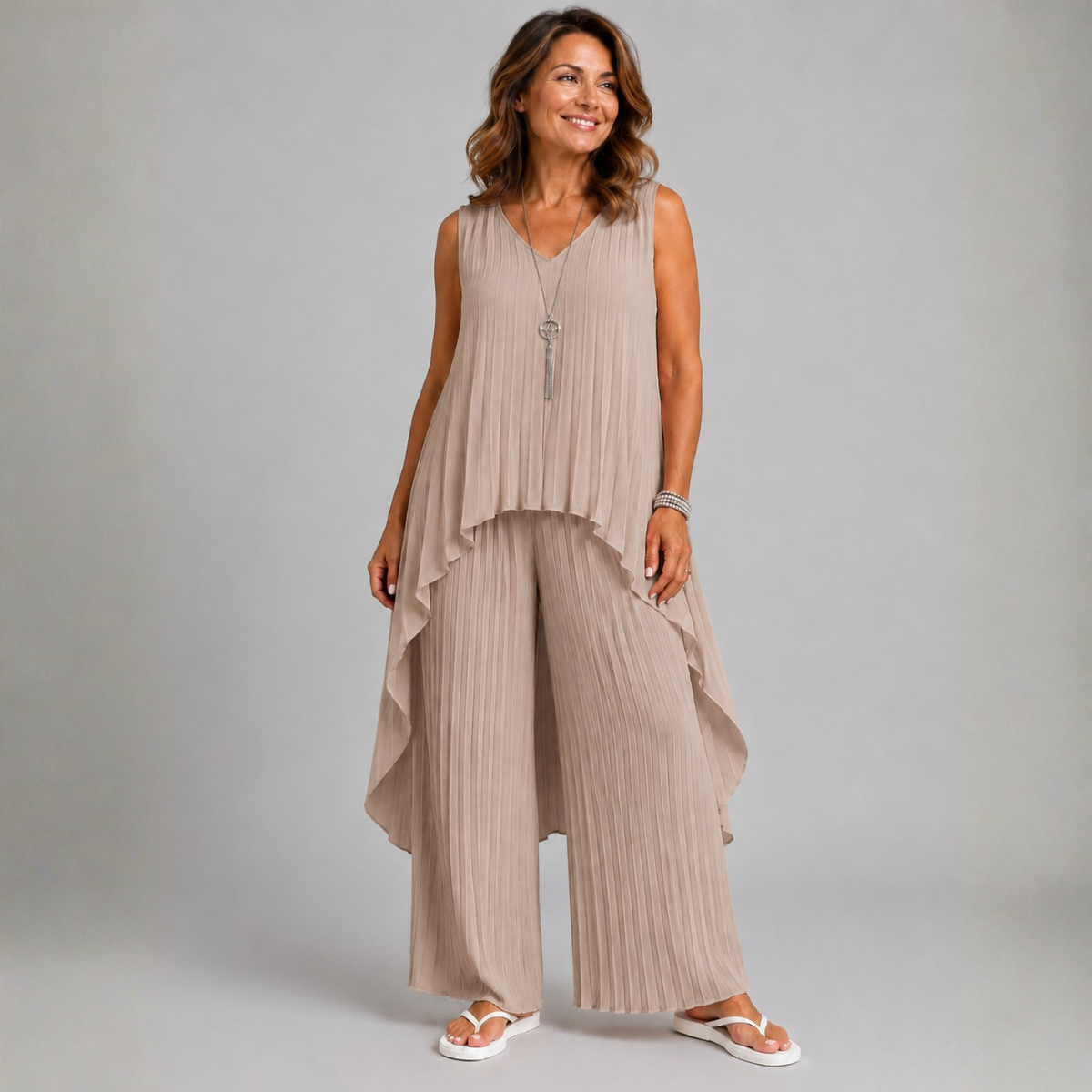 Pleated 2 Piece Outfit Set with Long Dipped Hem