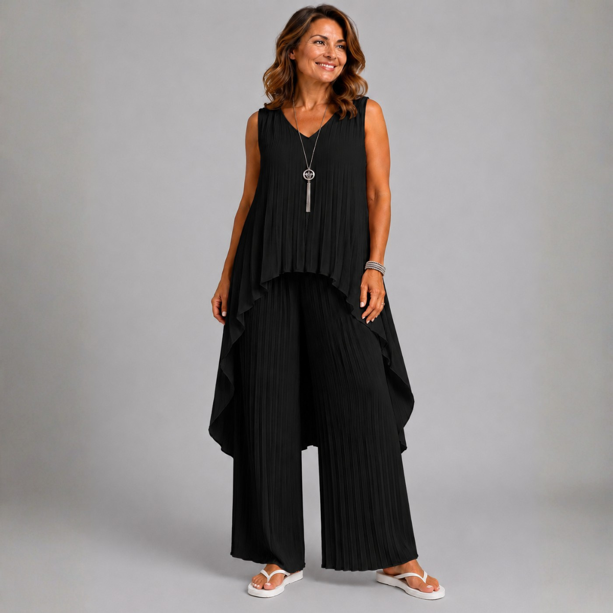 Pleated 2 Piece Outfit Set with Long Dipped Hem