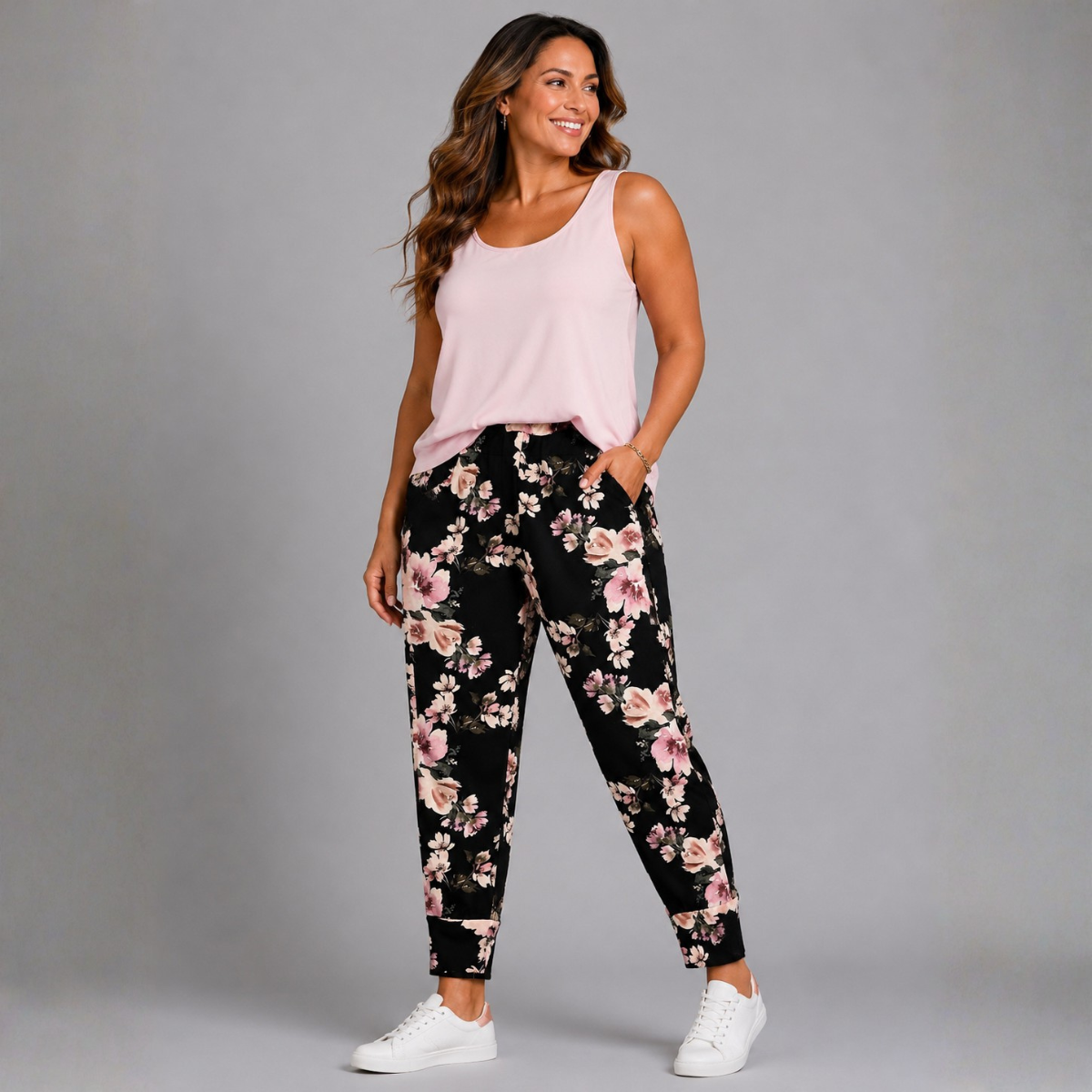 Black Pink Floral Stretch Crepe Trousers with Side Pockets