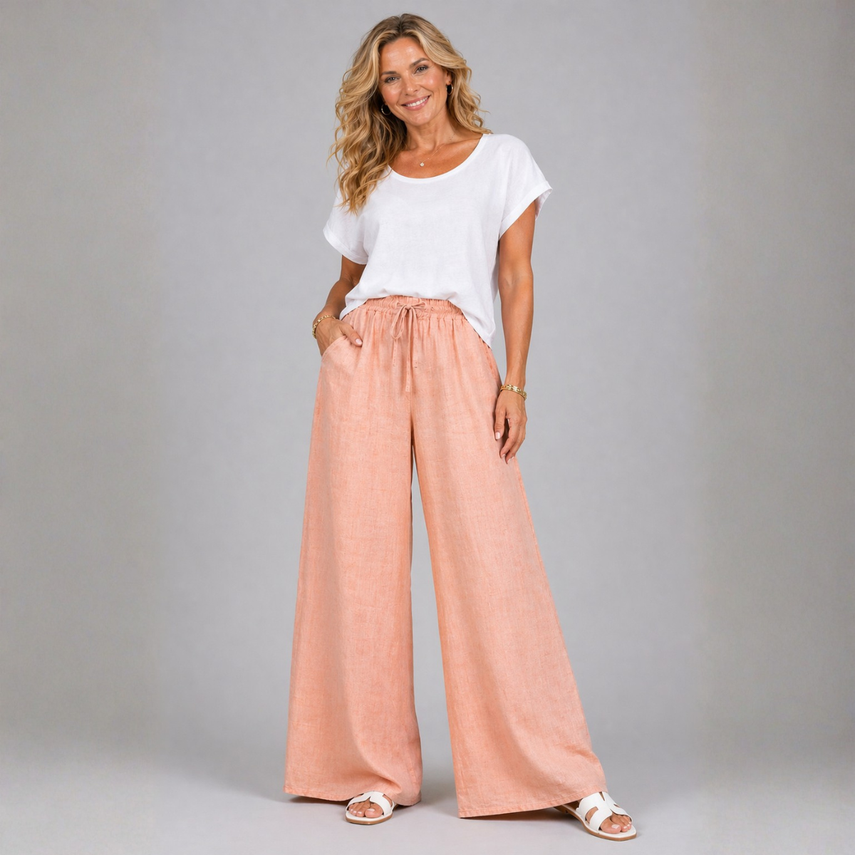 Linen Style Elastic Waist Palazzo Trousers with Pockets