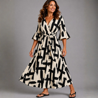 Black White V-Neck Dress with Belt Tie