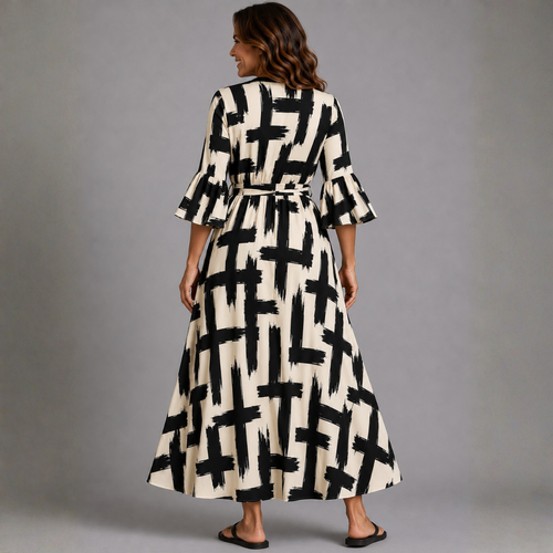 Black White V-Neck Dress with Belt Tie