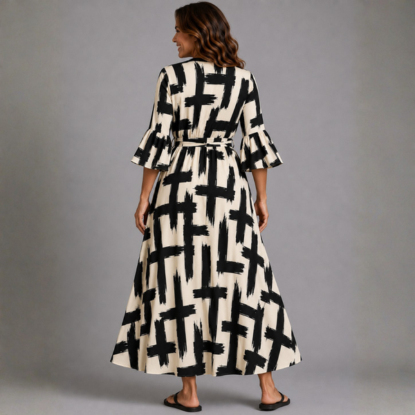 Black White V-Neck Dress with Belt Tie