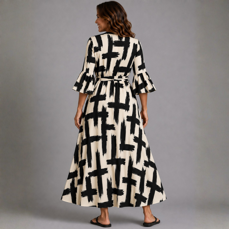 Black White V-Neck Dress with Belt Tie