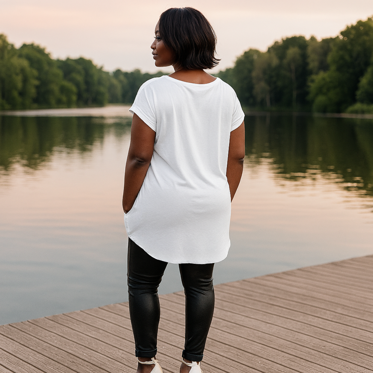 Long Dipped-Hem T-Shirt with Side Pockets