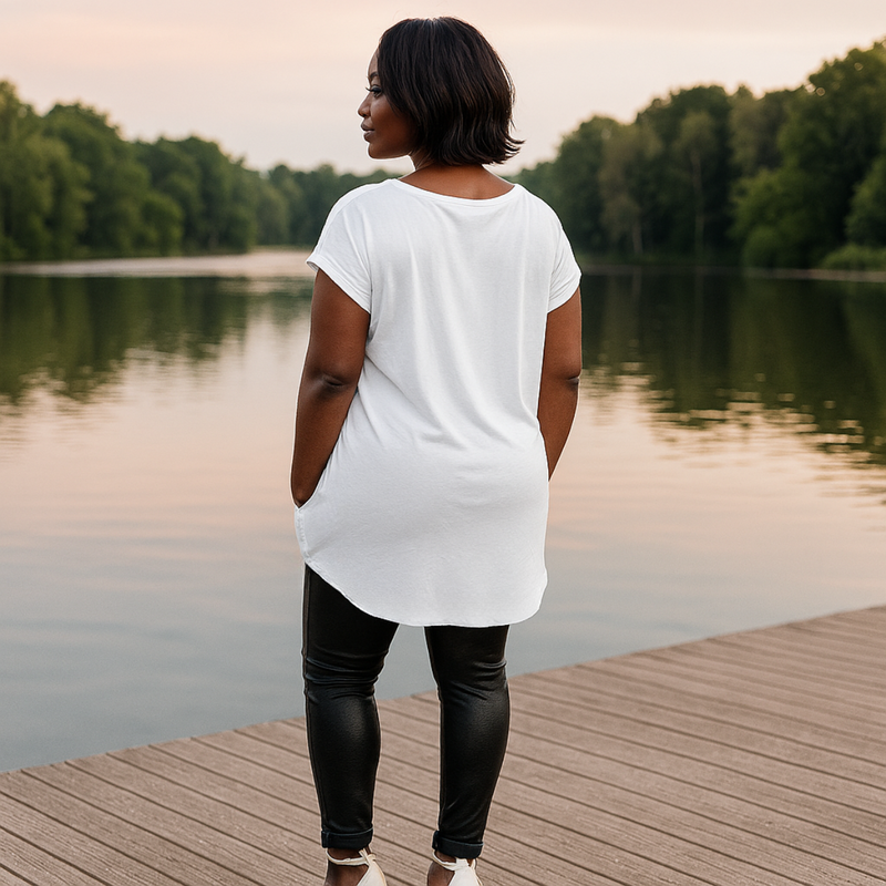 Long Dipped-Hem T-Shirt with Side Pockets