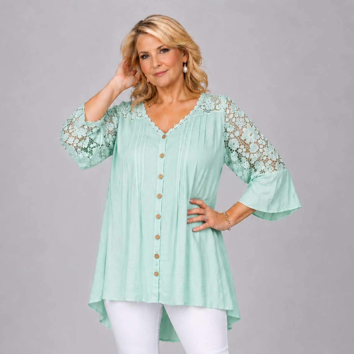 Loose Fitting Lace Panel Blouse with 3/4 Frilled Sleeves